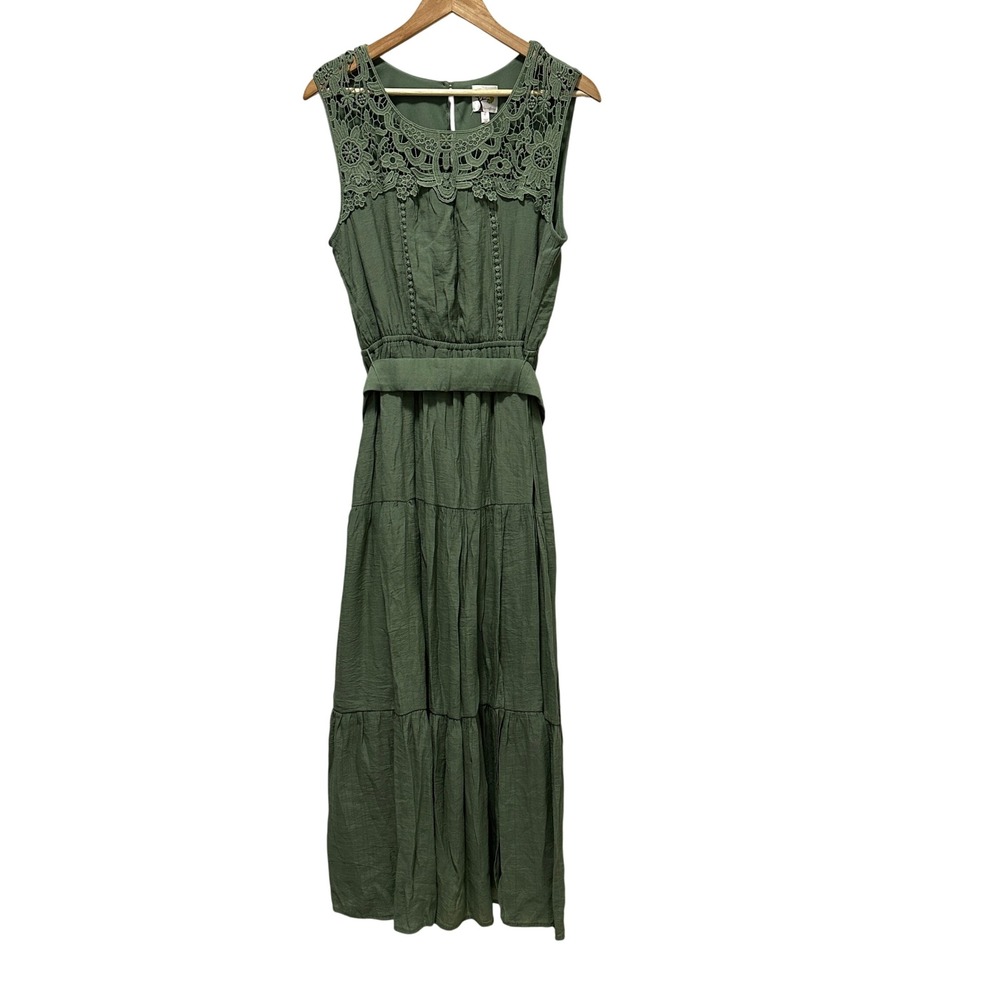 Fig & Flower Women Maxi L Green Boho Lace Tiered Sleeveless Midi Cottagecore